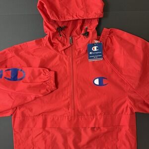 Champion Windbreaker Jacket Men's Small Red Hooded Half Zip Anorak NWT